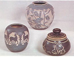 Left: Jar, sgraffito, deer design 6" tall, Seal: 1947 Incised M. Cable
Top: Jar, sgraffito, bird design 7" tall, Seal: Ruth Montgomery 1945
Right: Candy jar wit